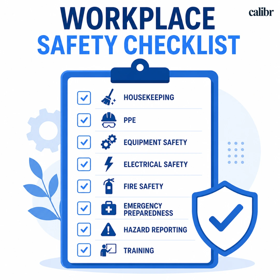 Workplace safety checklist infographic showing key inspection areas including housekeeping, PPE, equipment safety, fire safety, emergency preparedness, hazard reporting, and training.