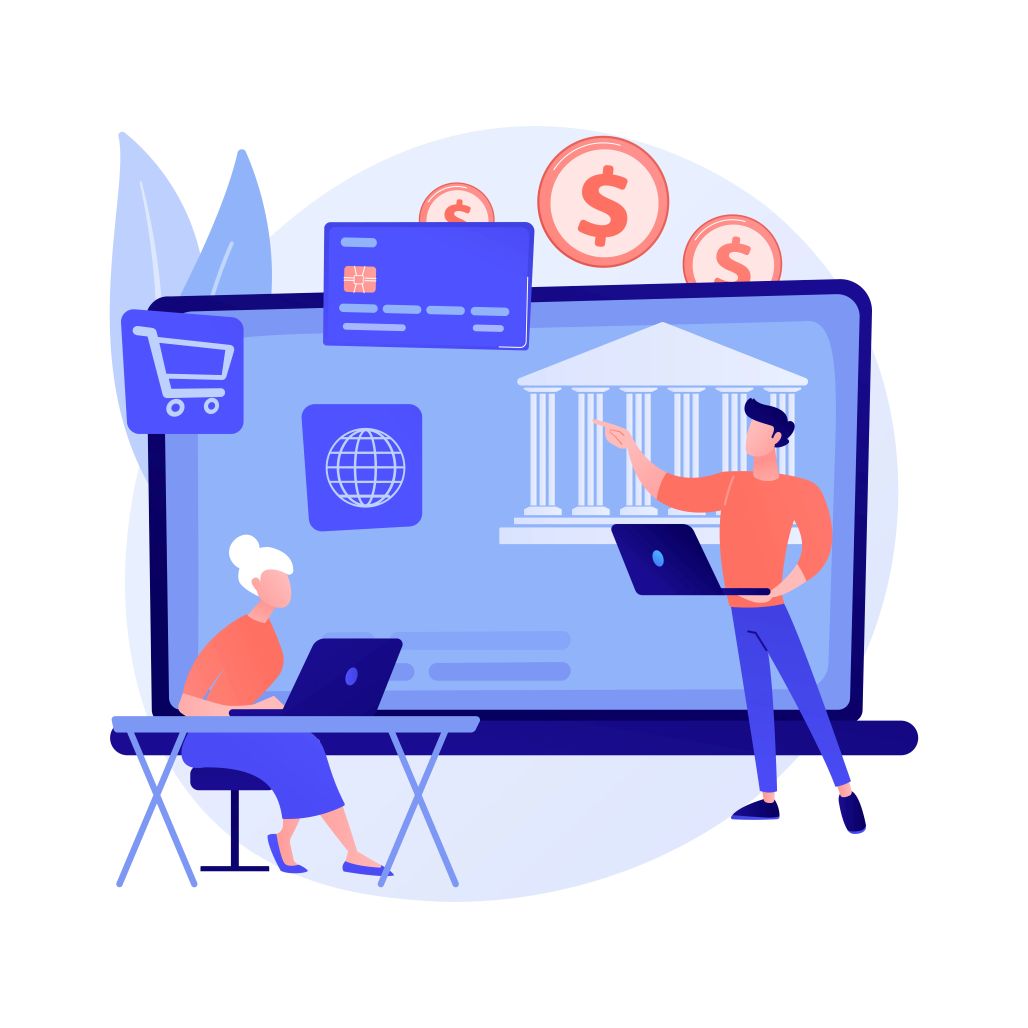 An illustration shows two people, a man presenting to a woman on a laptop, with the screen displaying a bank building, coins, and a credit card. The scene represents banking compliance training for employees.