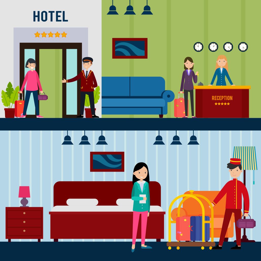 An illustration showing a two-part guest service experience at a hotel. The top panel shows a guest arriving at the hotel and being greeted by a doorman and a receptionist. The bottom panel shows a bellhop delivering the guest's luggage to her hotel room. The image highlights the complete journey of a guest from check-in to room service.