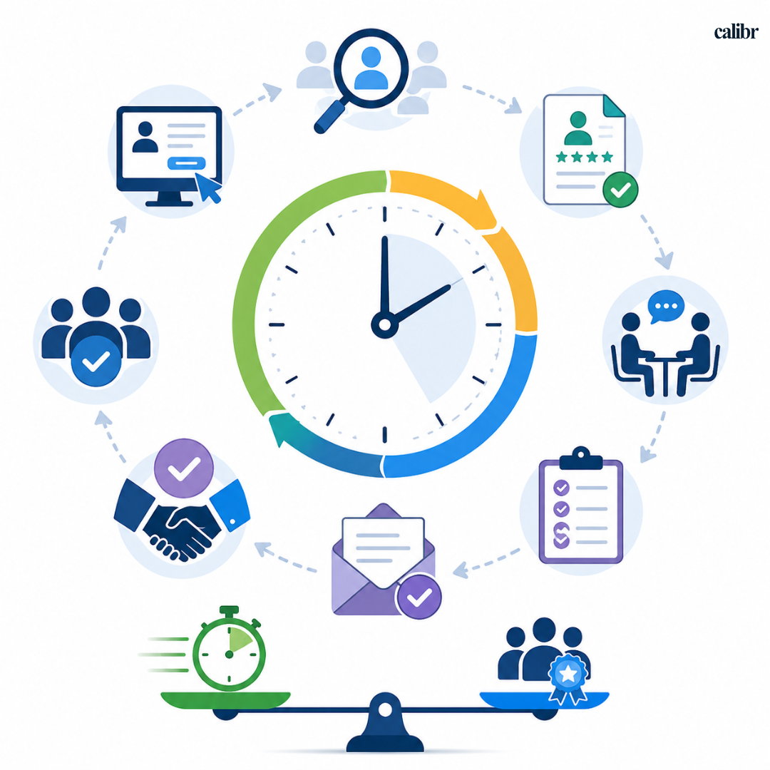 Illustration of the Time to Hire recruitment metric featuring a central clock surrounded by recruitment process icons, including candidate sourcing, resume screening, interviews, offer acceptance, hiring checklist, and onboarding, connected in a circular workflow to represent hiring speed and recruitment efficiency.