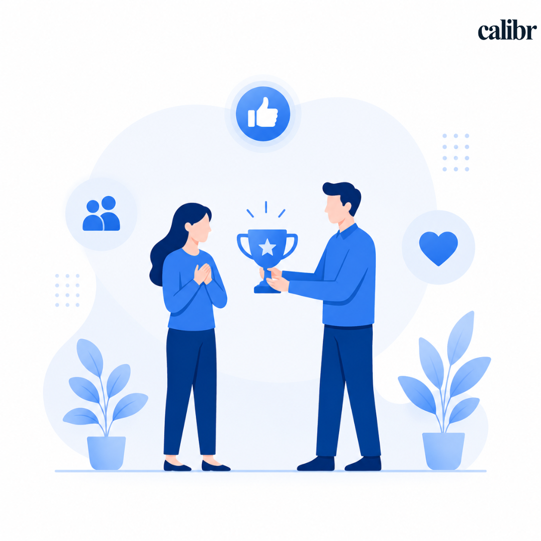 Minimal employee recognition illustration showing a manager presenting a trophy to an employee, with blue corporate icons representing appreciation, teamwork, and workplace recognition.
