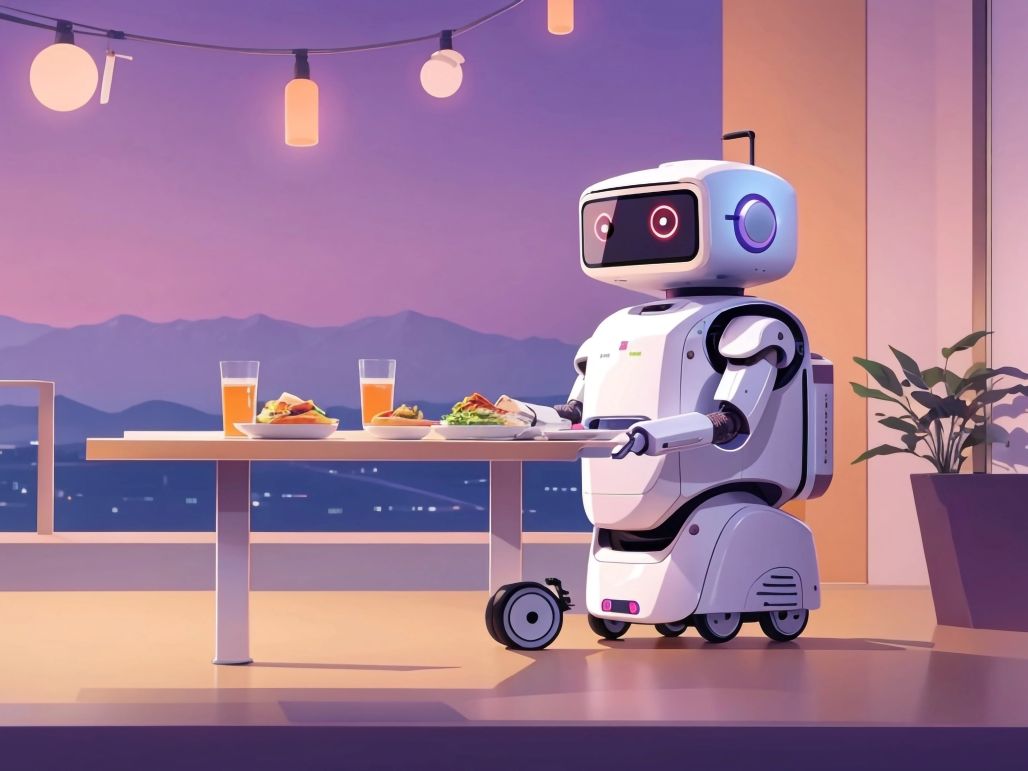 An illustration depicting the future of the hospitality sector, featuring a service robot with a smiling screen face delivering food to a table on a restaurant patio at twilight. The scene showcases a blend of technology and service in a serene, modern setting.
