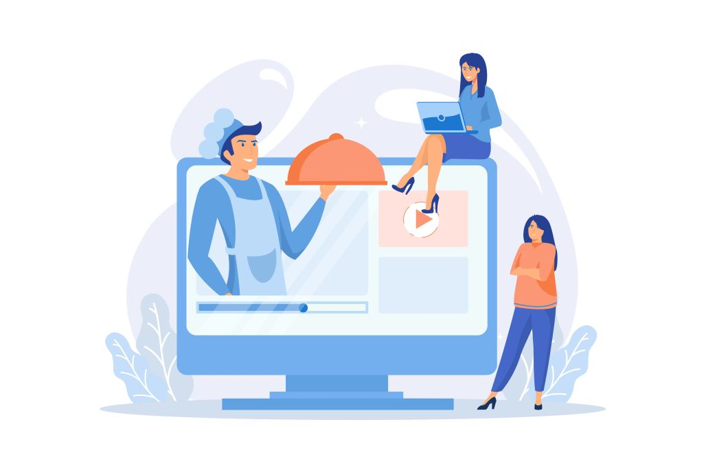  An illustration of a group of hospitality employees actively participating in a training session, with some shown viewing content on laptops or tablets connected to a Learning Management System (LMS)