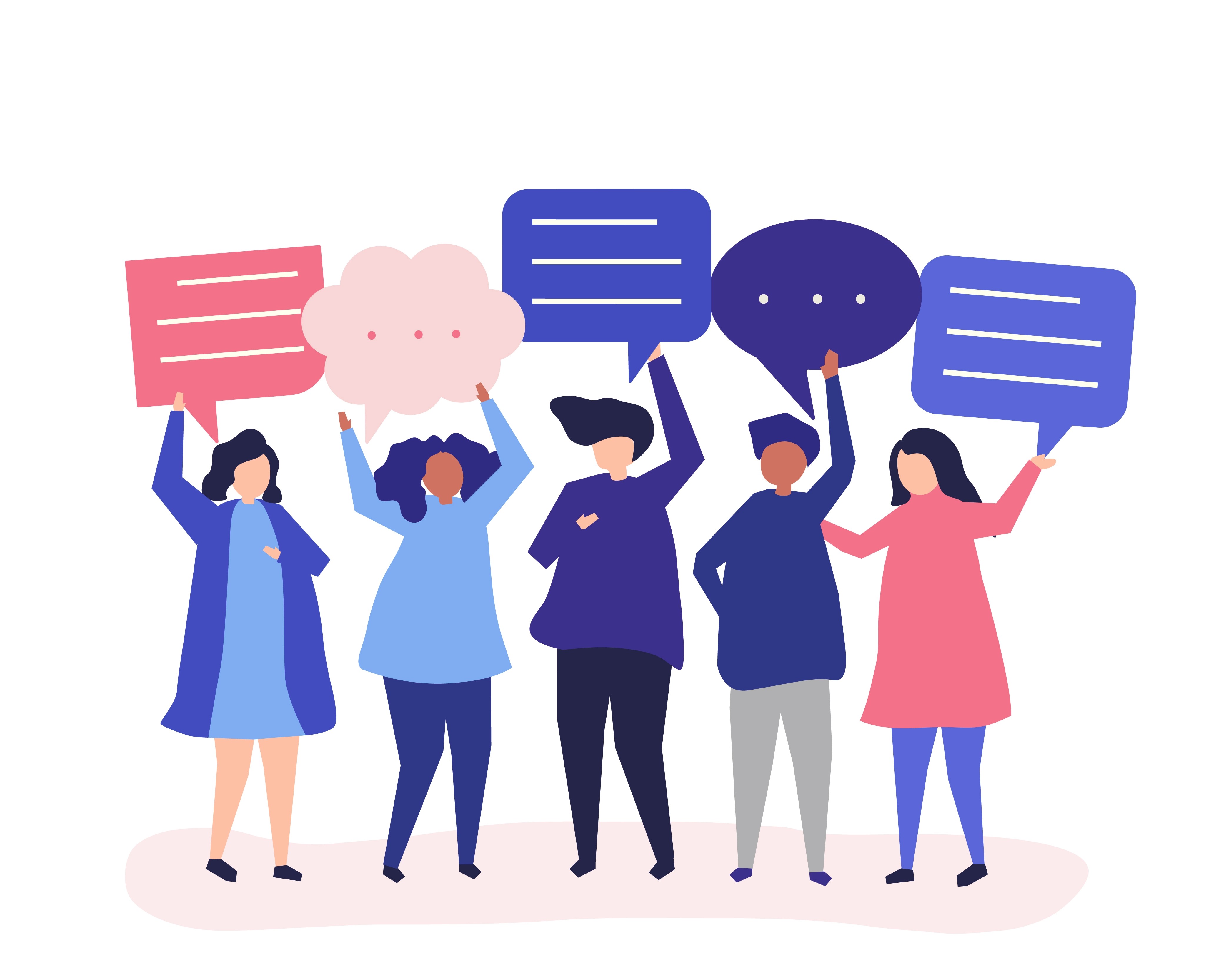 An illustration showing a group of diverse employees in a modern office setting, using laptops and discussing ideas, with dotted lines and speech bubbles connecting them, representing the flow of communication and collaboration.