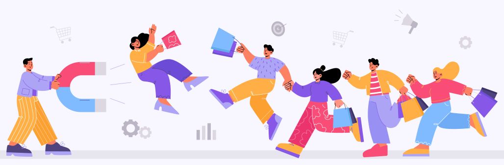 Individuals are energetically running with various colored bags, representing elements of corporate employee retention strategies.