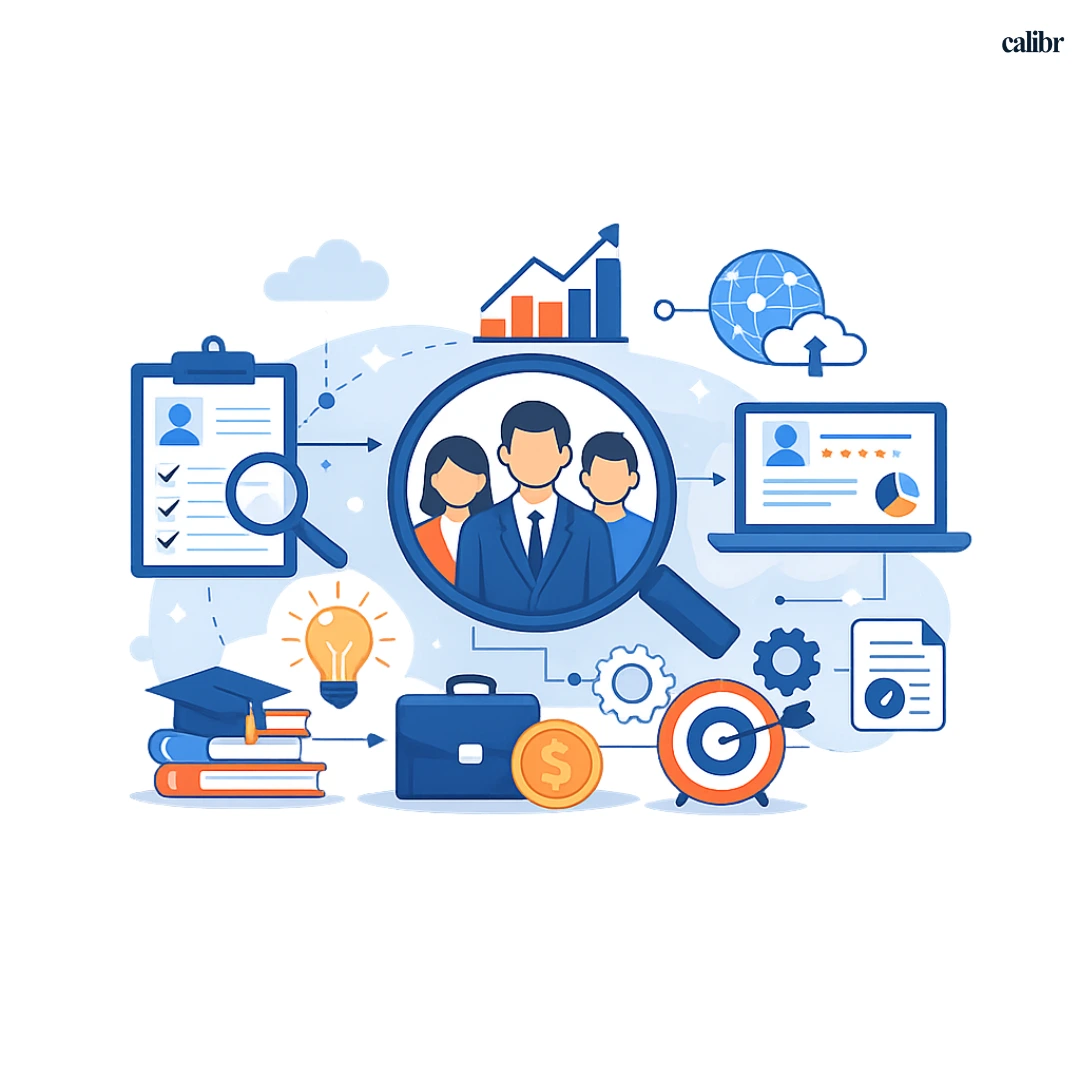 Minimal illustration representing Human Capital Management (HCM) with employee, skills, analytics, and workforce management icons connected in a modern business ecosystem.