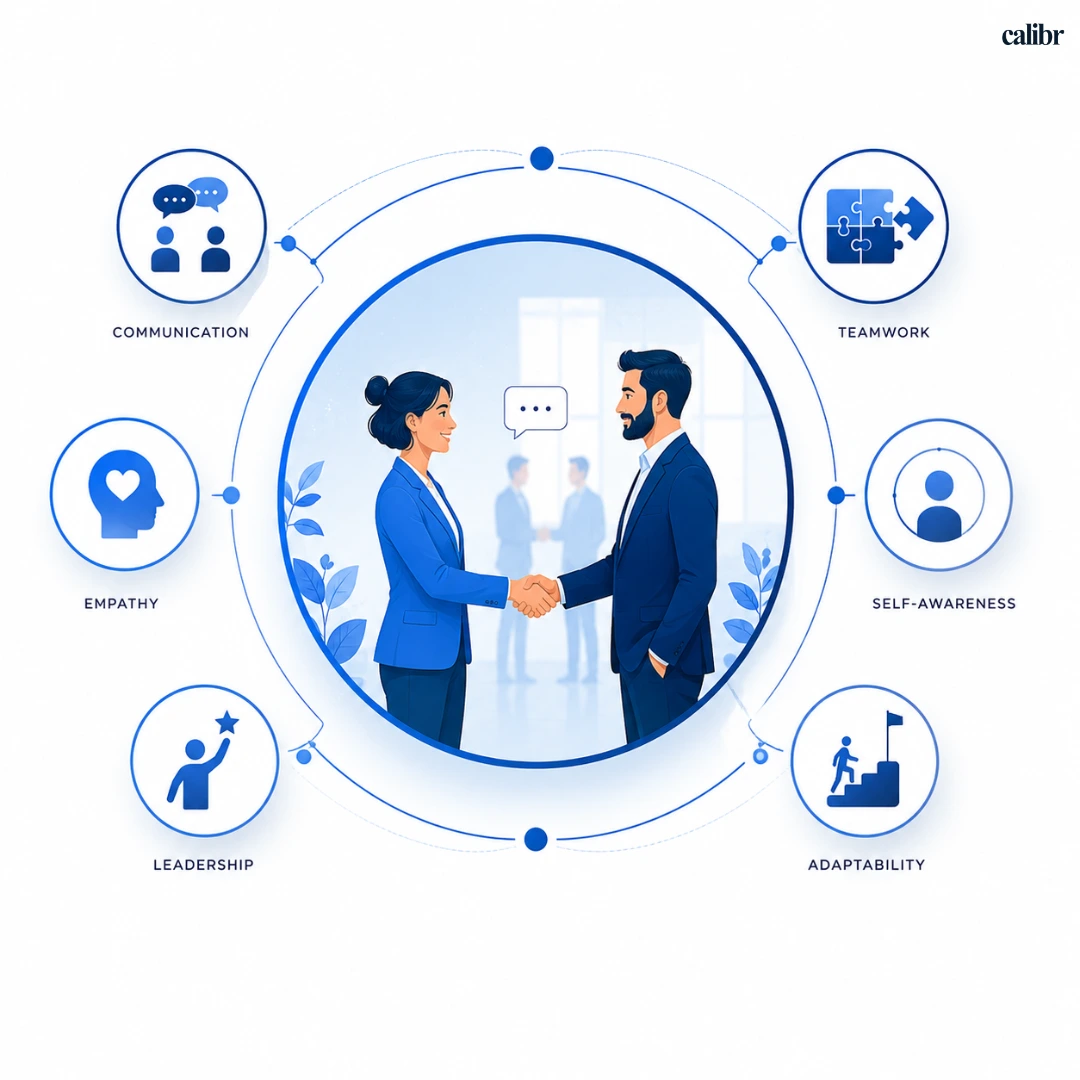 Professional illustration showing key soft skills, including communication, empathy, leadership, teamwork, self-awareness, and adaptability, surrounding two professionals collaborating in a modern workplace.