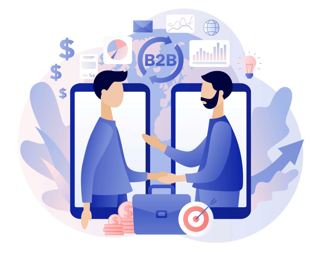 An illustration depicting two people shaking hands through a digital interface labeled 'B2B,' surrounded by icons of a briefcase, dollar signs, and graphs, symbolizing a successful sales transaction