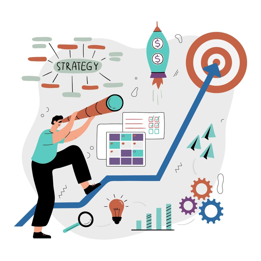 An illustration showing a person looking through a telescope at a target, with various elements surrounding them like a "Strategy" mind map, a rocket, charts, gears, and a lightbulb, representing the process of building a B2B sales enablement strategy.