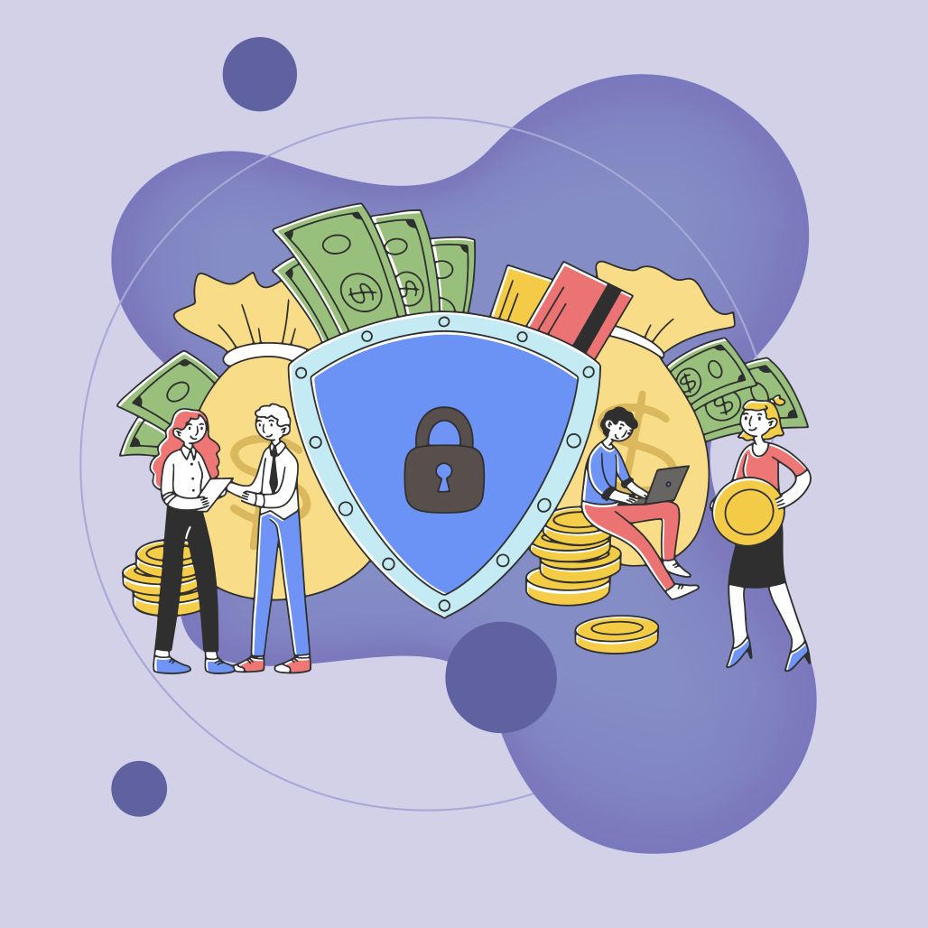 The image is an illustration of a secure banking system, with a shield and padlock protecting cash and transactions, highlighting the importance of security and anti-money laundering (AML) measures.