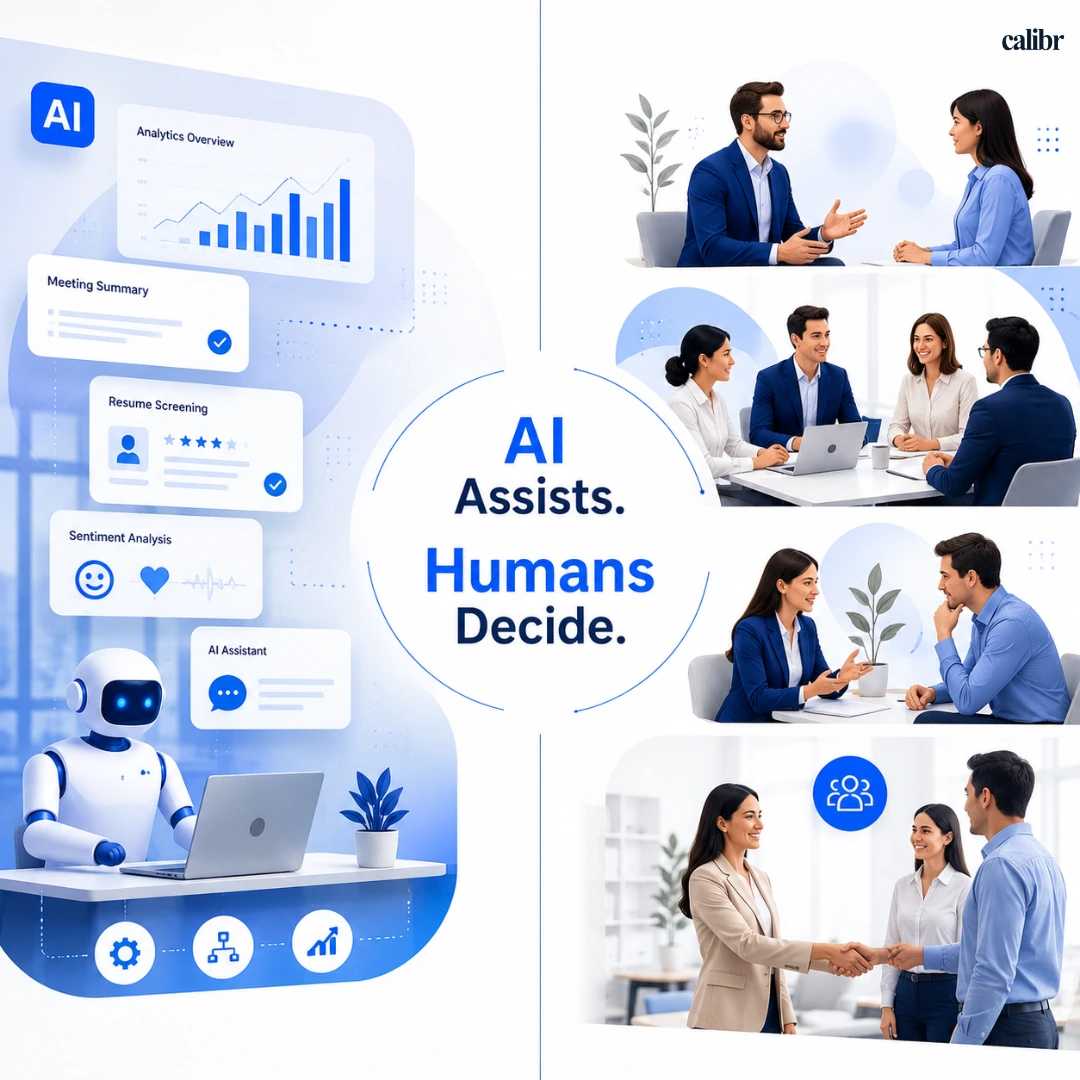 Split workplace illustration comparing AI capabilities such as analytics, meeting summaries, resume screening, sentiment analysis, chatbots, and automation with human strengths including coaching, team discussions, conflict resolution, one-on-one conversations, and new hire onboarding.