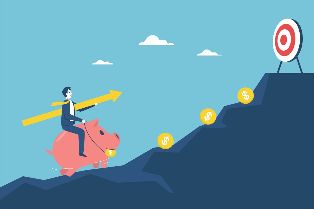 An illustration of a person riding a piggy bank up a steep, winding hill toward a target, with scattered coins. It represents the challenges in the financial sector
