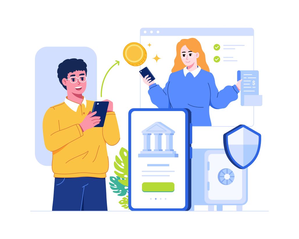 An illustration showing various icons including a fingerprint, an ID card, and a magnifying glass, which collectively represent the key steps of the Know Your Customer (KYC) process during customer onboarding in banking.