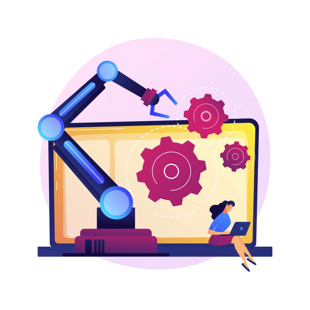 Illustration of a person using a laptop, displaying a robotic arm and gears, to complete a safety training course on a Learning Management System (LMS)