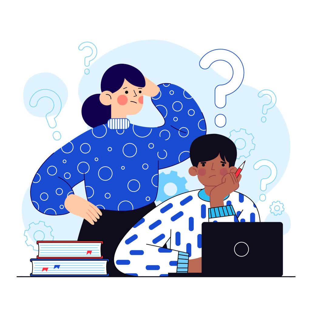  An illustration of a man and a woman looking confused, with question marks floating around them and a laptop and books in the foreground, representing the challenge or a quiz in the financial services and banking (BFSI) sector.