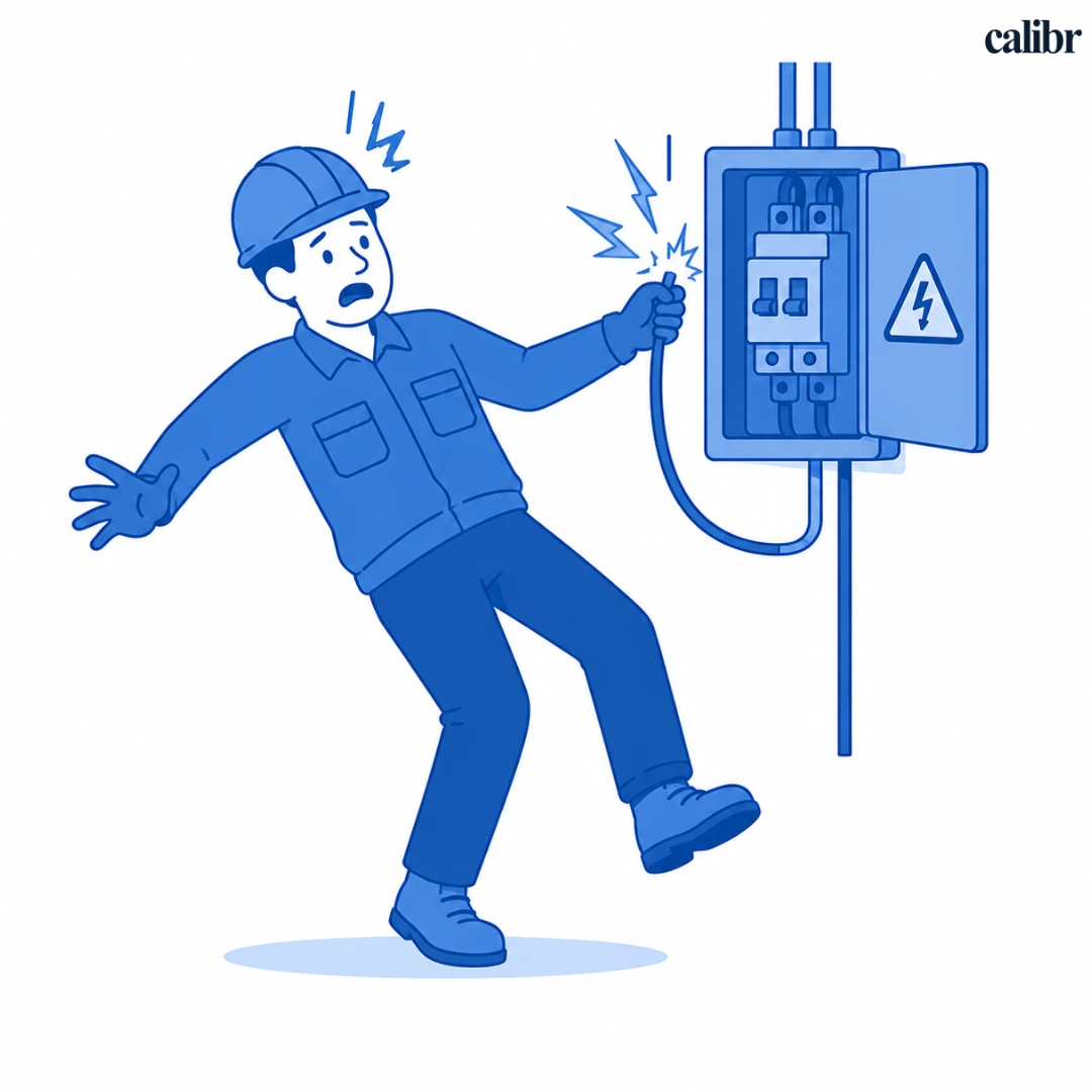 Workplace accident illustration depicting an electrical accident caused by contact with faulty electrical equipment.
