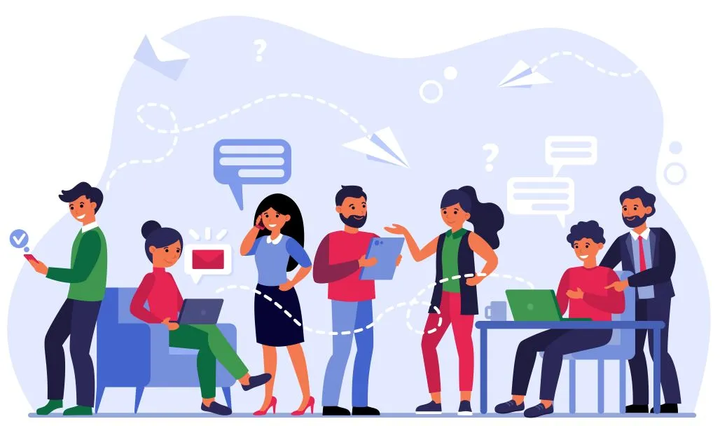 An illustration showing a group of diverse employees in a modern office setting, using laptops and discussing ideas, with dotted lines and speech bubbles connecting them, representing the flow of communication and collaboration.
