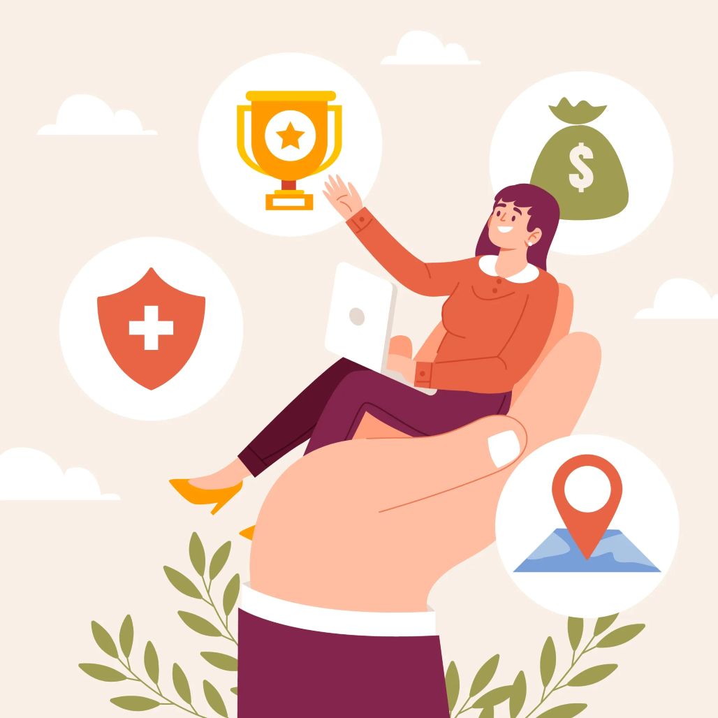 An illustration shows a smiling person sitting on a large, supporting hand while holding a laptop, surrounded by floating icons representing a trophy, a money bag, a location pin, and a shield. This symbolizes the support and benefits of financial services.