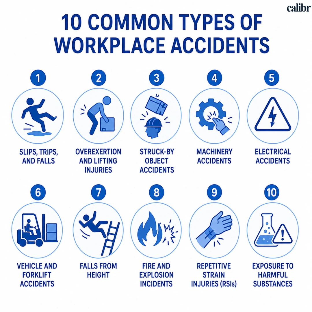10 common types of workplace accidents infographic featuring slips and falls, overexertion injuries, machinery accidents, electrical accidents, forklift incidents, and workplace hazards.