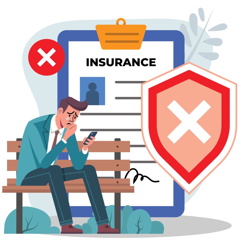An illustration of a distraught man crying on a bench while looking at his phone, with a large insurance policy document and a shield showing a red X in the background, representing a denied insurance claim or a compliance mistake.