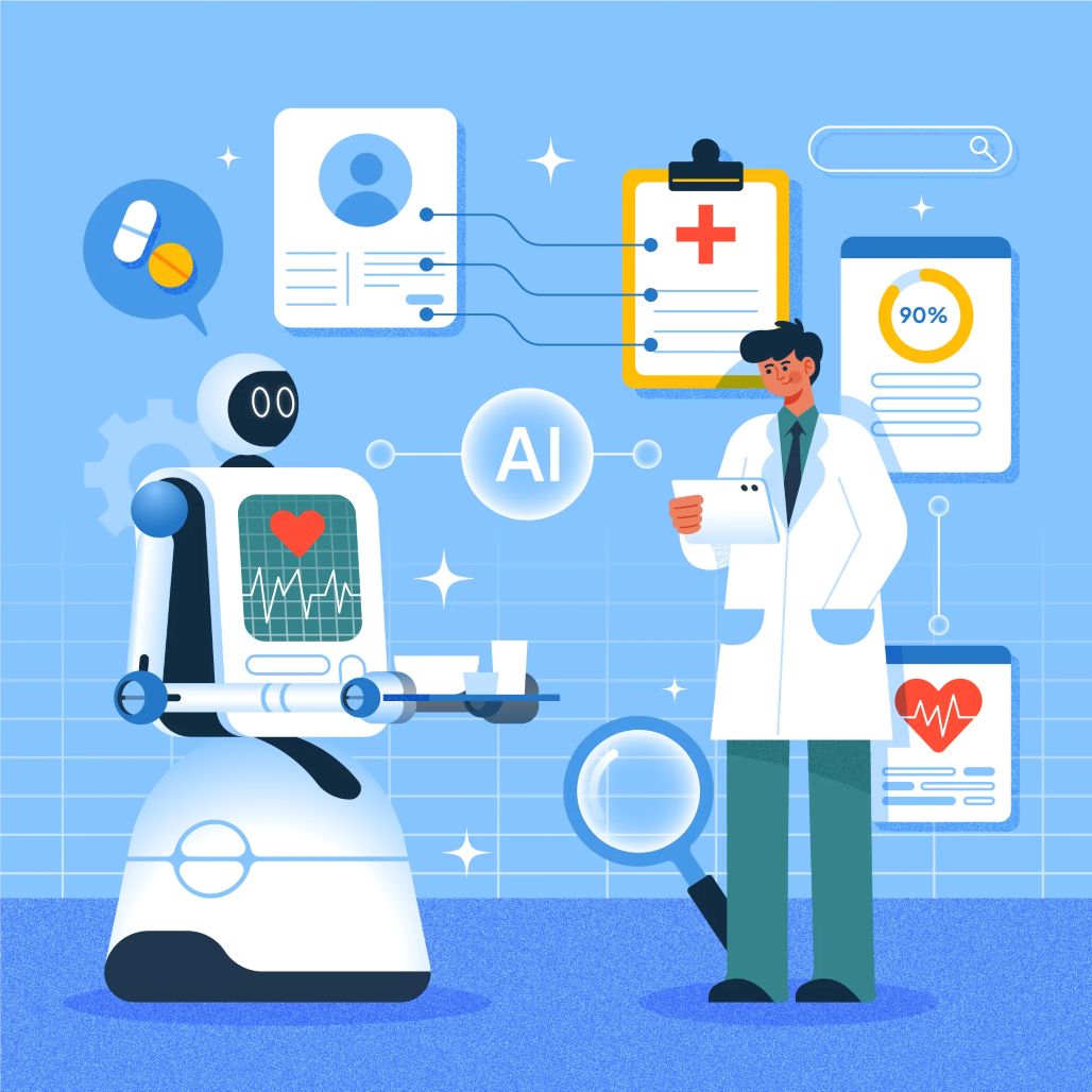 An illustration depicting the future of healthcare, with a doctor interacting with futuristic technologies like a transparent screen displaying a heartbeat and other diagnostics, symbolizing advanced medical technology, AI, and data-driven patient care.