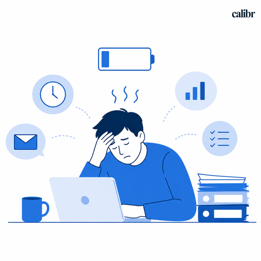 Minimal blue-and-white illustration of an exhausted employee sitting at a desk with stress icons representing workload, notifications, fatigue, and workplace burnout.