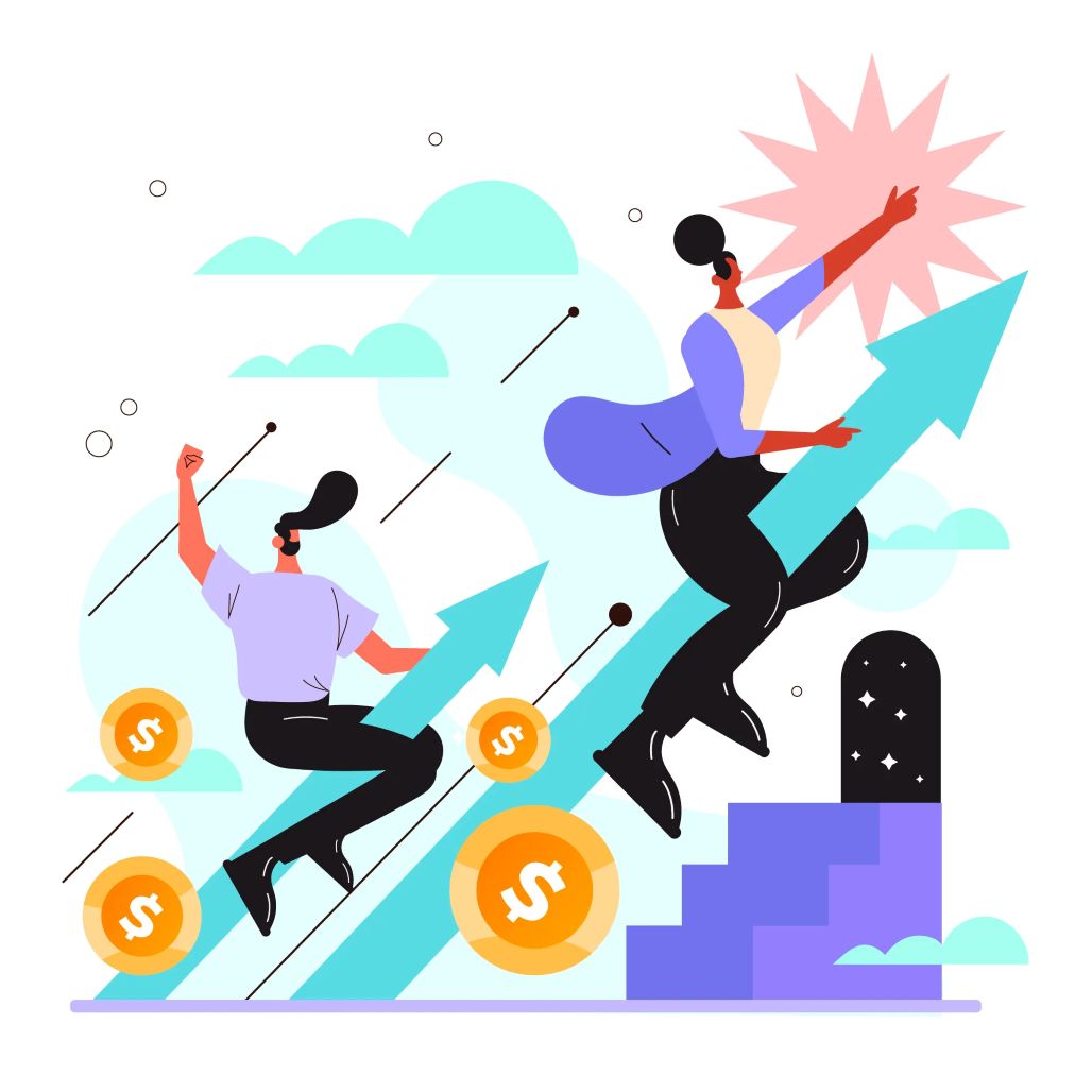 An illustration shows a person successfully climbing a staircase made of upward-trending financial charts, with a laptop and a chart at the bottom. This image represents the strategic overcoming of financial and compliance challenges.